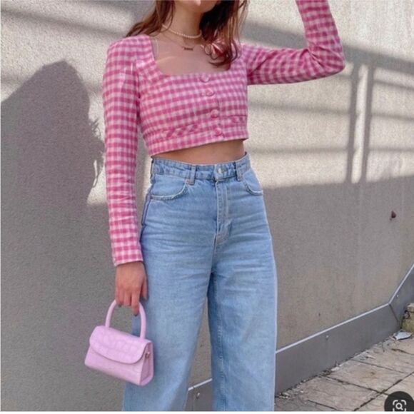 Zara Pink Plaid Gingham Checkered Cotton Crop Top - Picture 12 of 13